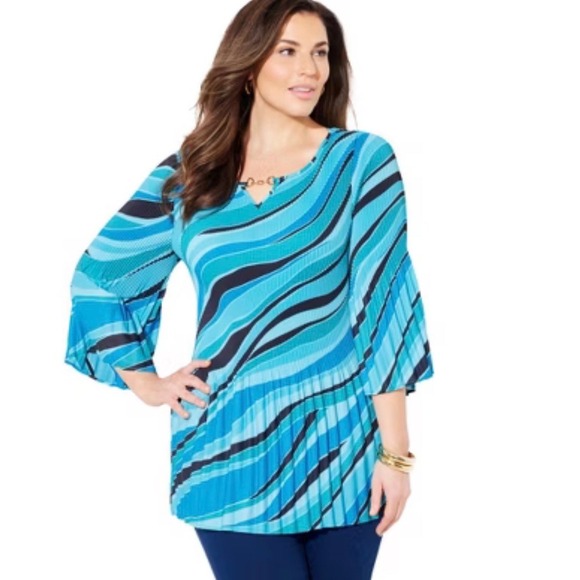 Catherines Tops - Catherines Womens 4X Blue Abstract Wave Pleated Tunic 3/4 Bell Sleeve Top